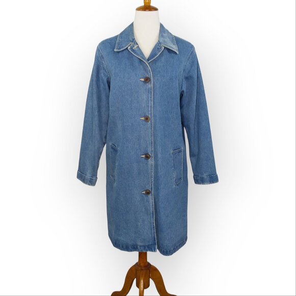 Denim&Co Jackets & Blazers - Denim & Co Long Blue Denim Jacket Chore Barn Duster Size Medium Button Front